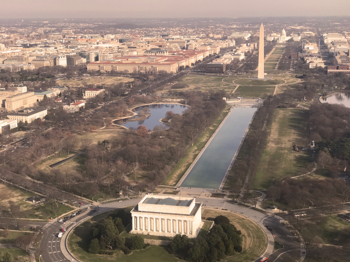 Aerial view of the Lincoln Memorial, Washington Monument, and Congress.